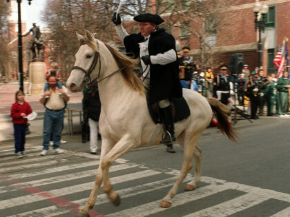 BOSTON - APRIL 16, 2001: In the North End, a re-enactment of Paul Revere's ride takes