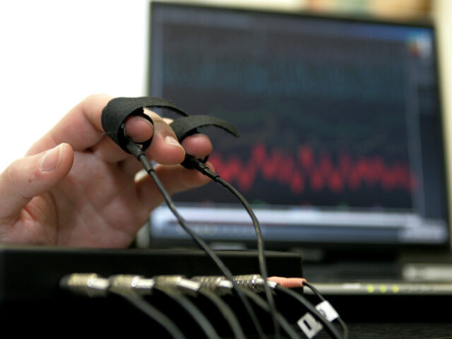 A computerized polygraph machine being used in a simulated situation on February 26, 2007