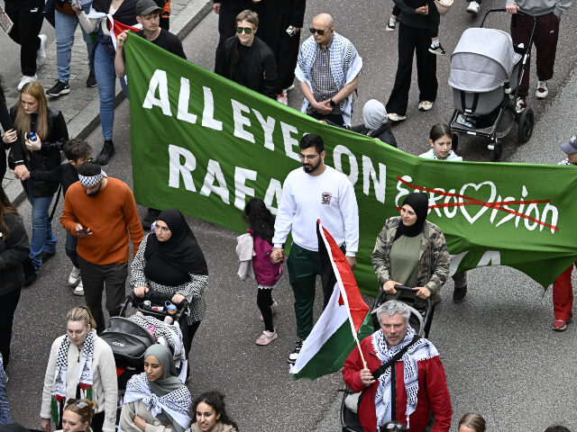 People gather for a rally in Malmo, Sweden, in protest against Israel's participation