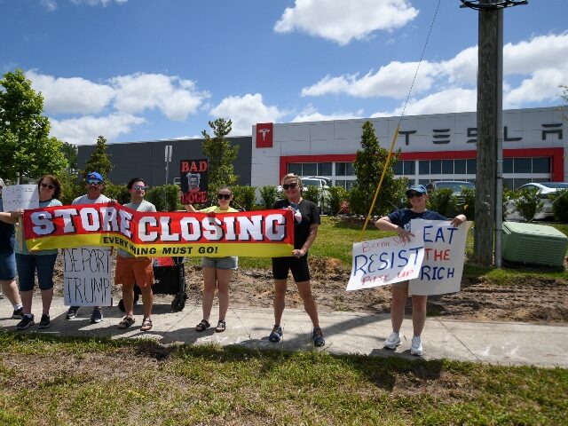 Tesla protesters outside a dealership