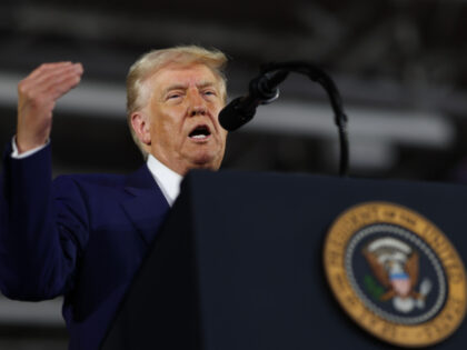 President Donald Trump speaks during a rally at Macomb Community College on April 29, 2025