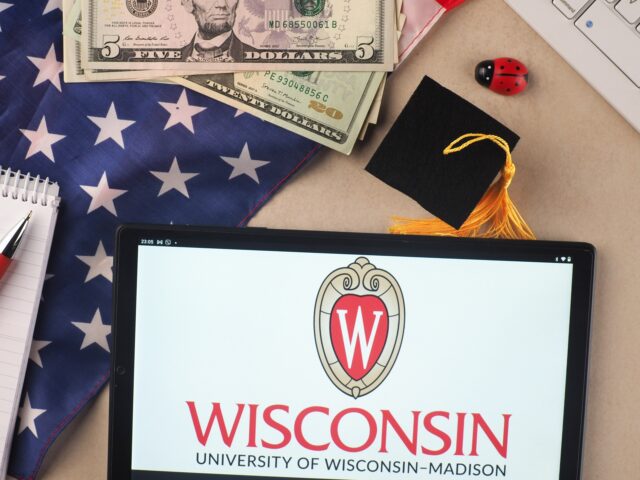 GERMANY - 2023/02/27: In this photo illustration, the University of Wisconsin-Madison logo