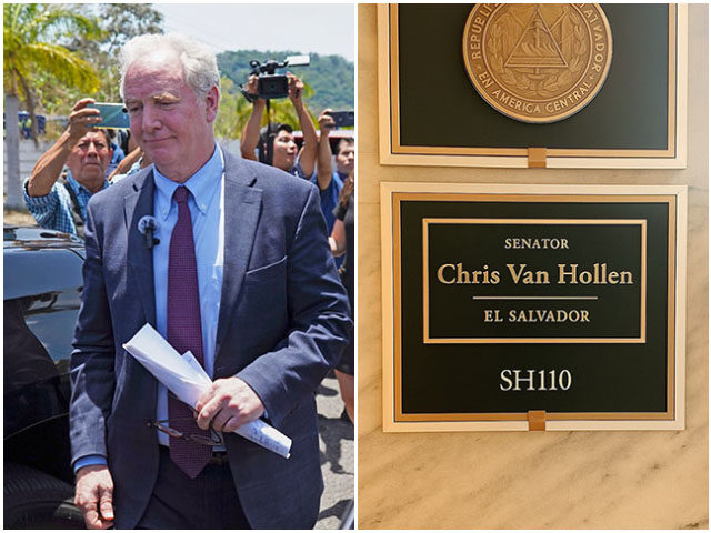 Maryland Sen. Chris Van Hollen walks away after speaking to the press in La Libertad, El S
