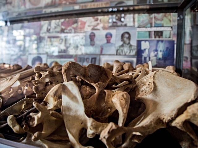 A picture taken on March 22, 2019 shows bones of victims of the Rwanda's 1994 genocide's a