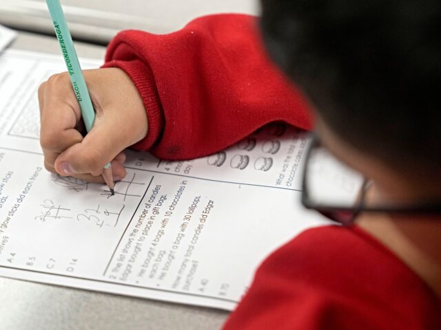 RICHMOND, TEXAS - FEBRUARY 5: A third grader works on a lesson during math class at Meyer