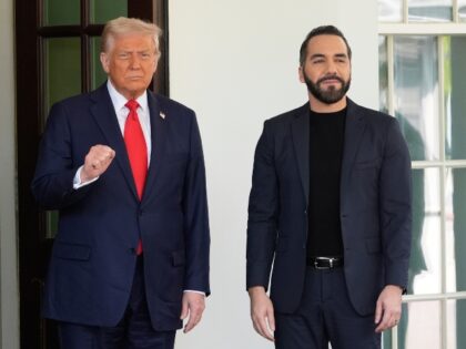 President Donald Trump, left, gestures as he greets El Salvador's President Nayib Buk