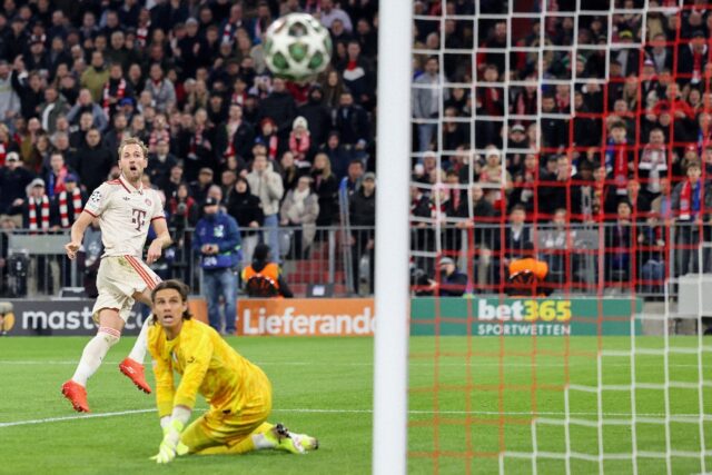 Taking aim: Harry Kane hits the post in Bayern Munich's first leg loss to Inter Milan.
