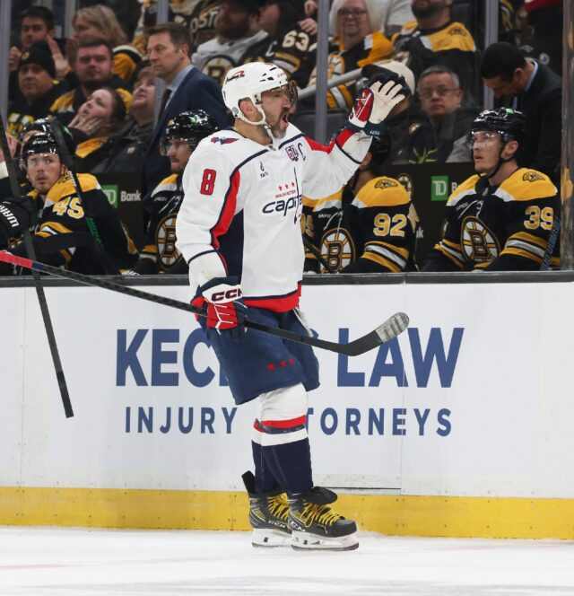 Alex Ovechkin celebrates his 891st career goal in Washington's victory over Boston