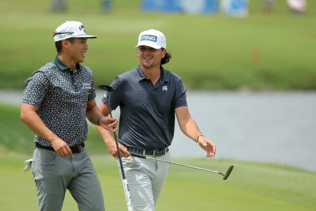 Americans Isaiah Salinda, left, and Kevin Velo, right, combined to fire a four-ball record