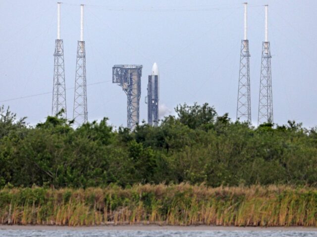 An Atlas V rocket of United Launch Alliance (ULA) is seen fueling at Space Launch Complex