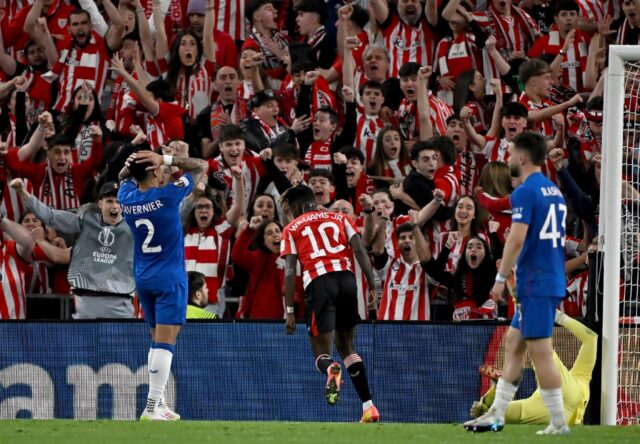 Athletic Bilbao's Spanish forward Nico Williams celebrates after netting against Rangers