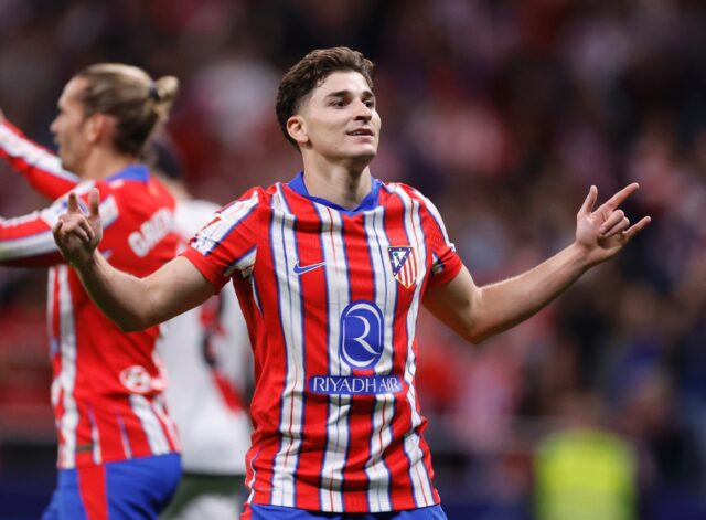 Atletico Madrid's Argentine forward Julian Alvarez celebrates scoring his team's third goa