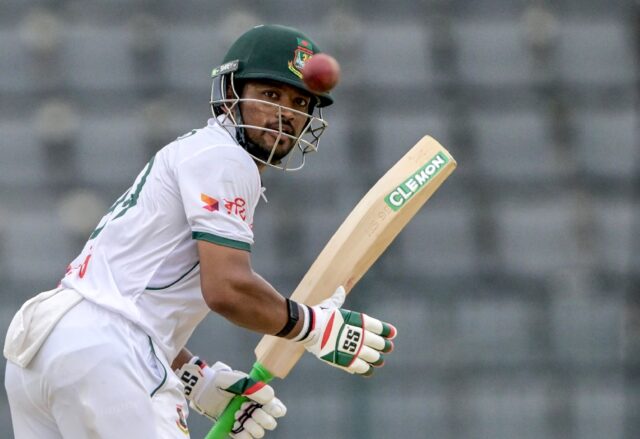 Bangladesh’s captain Najmul Hossain Shanto plays a shot during the third day of the firs