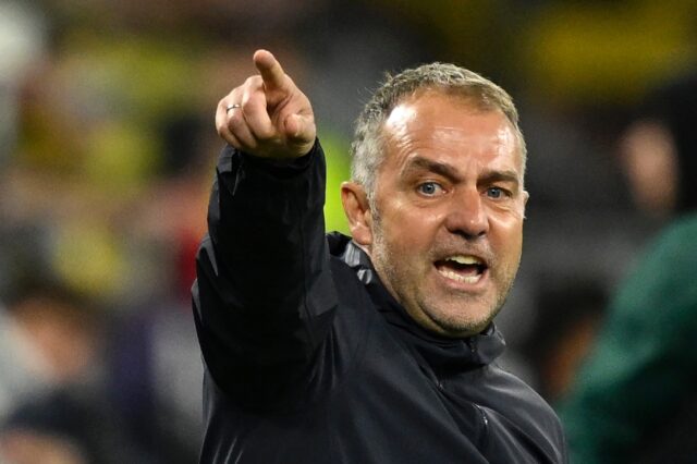 Barcelona coach Hansi Flick reacts during the Champions League quarter-final second leg ag