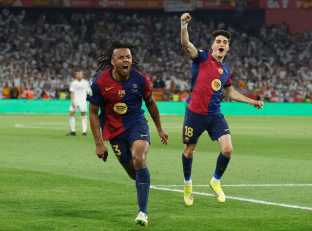 Barcelona's French defender Jules Kounde celebrates scoring his team's Copa del Rey final