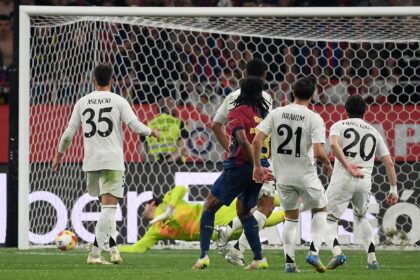 Barcelona's French defender Jules Kounde scores his team's winner against Real Madrid