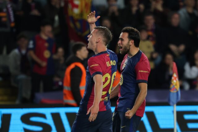 Barcelona's Spanish playmaker Dani Olmo celebrates scoring his team's opener against Mallo