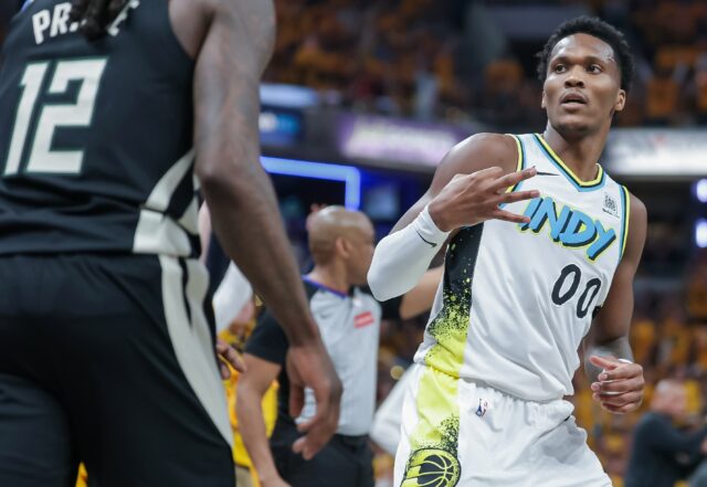 Bennedict Mathurin of the Indiana Pacers reacts after a three-point basket in the victory