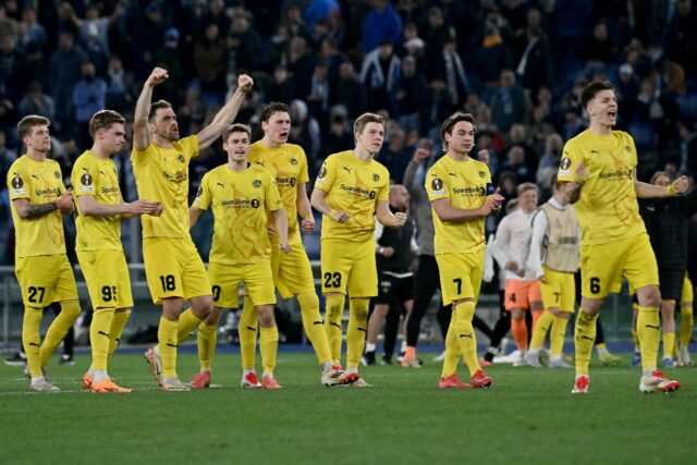 Bodo/Glimt players celebrate during their penalty shoot-out victory over Lazio in Rome in