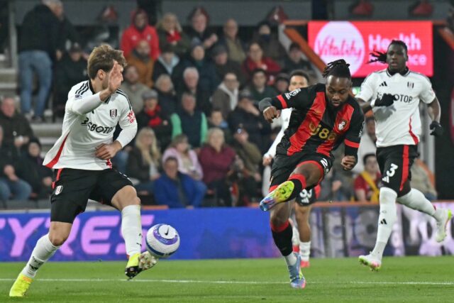 Bournemouth forward Antoine Semenyo scores against Fulham