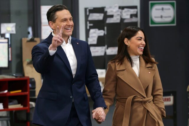 Canadian Conservative leader Pierre Poilievre, with his wife Anaida, holds a campaign even