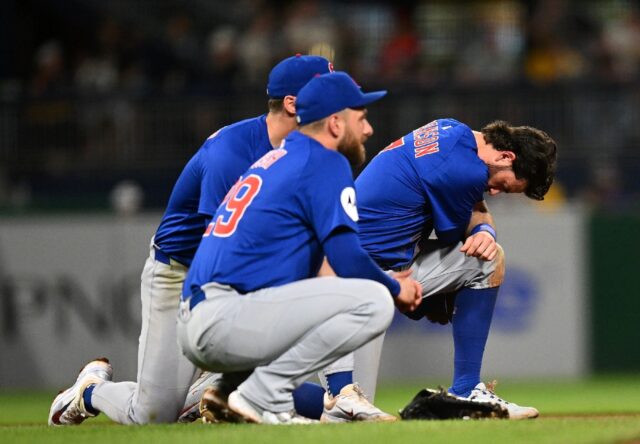 Dansby Swanson and Michael Busch of the Chicago Cubs look on after a fan fell from the sta