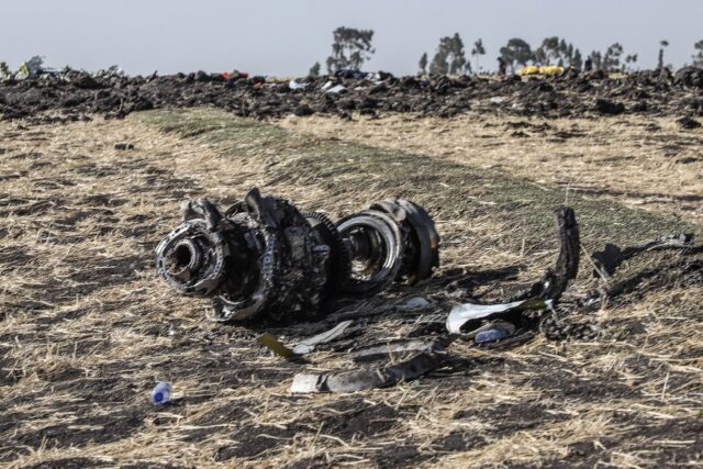 Debris of the crashed airplane of Ethiopia Airlines is photographed on March 11, 2019 near