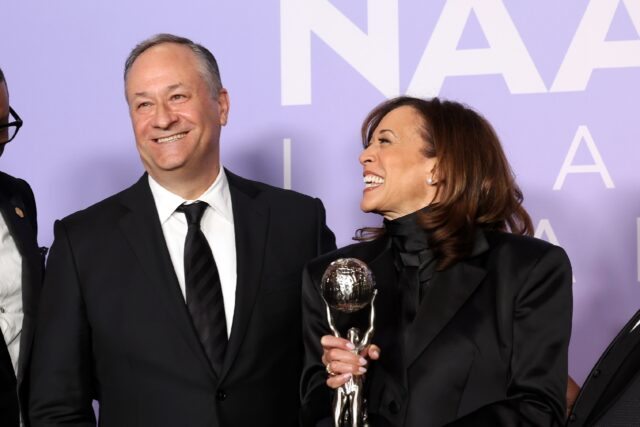 Doug Emhoff, pictured with his wife, former US vice president Kamala Harris, campaigned ag
