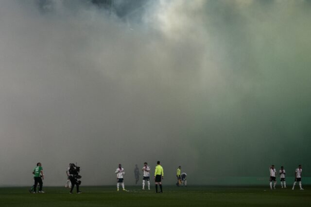 Fans let off flares ahead of the kickoff as Saint-Etienne hosted Lyon