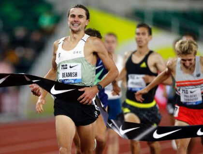 Geordie Beamish of New Zealand won the men's mile at the 129th Penn Relays in Philadelphia