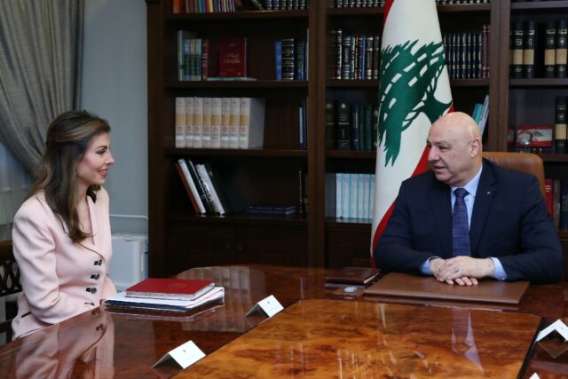 A handout photo provided by the Lebanese presidency shows President Joseph Aoun meeting wi