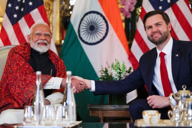 Indian Prime Minister Narendra Modi (L) and US Vice President JD Vance met in Paris in Feb