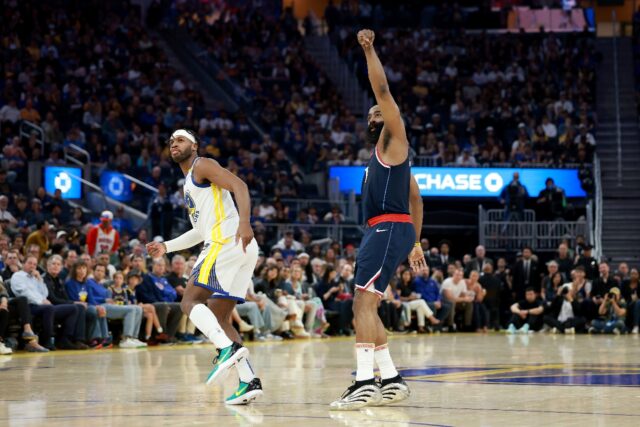 James Harden (right) makes a basket in the Los Angeles Clippers win over the Golden State