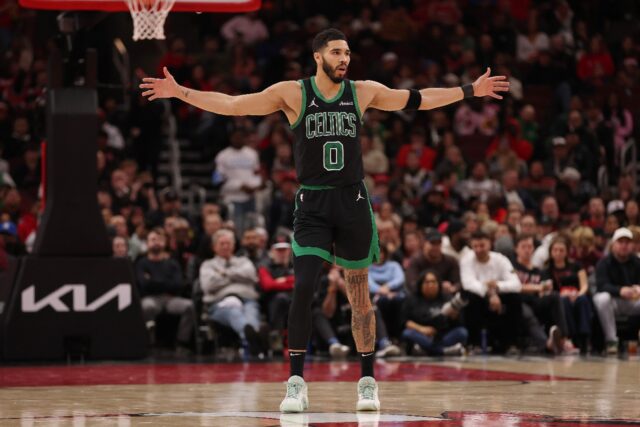 Jayson Tatum of the Boston Celtics reacts during an NBA game against the Chicago Bulls