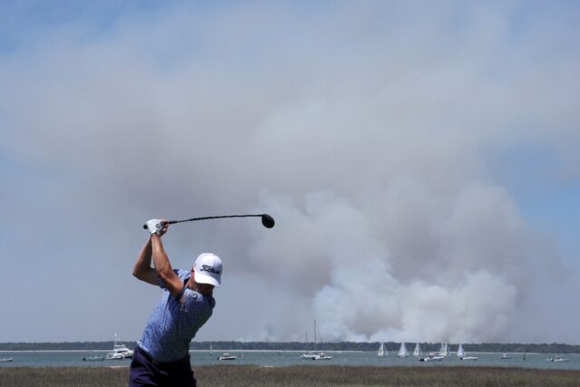 Justin Thomas tees off on the 18th hole at the RBC Heritage in South Carolina en route to