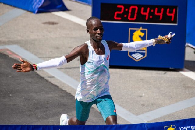 Kenyan John Korir wins the men's race during the 129th Boston Marathon