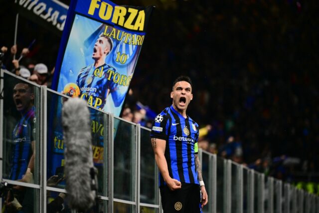 Lautaro Martinez celebrates scoring his 21st goal of the season
