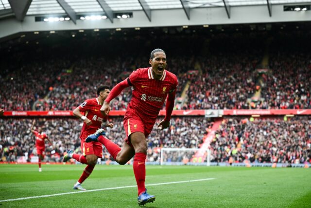Liverpool defender Virgil van Dijk celebrates scoring against West Ham