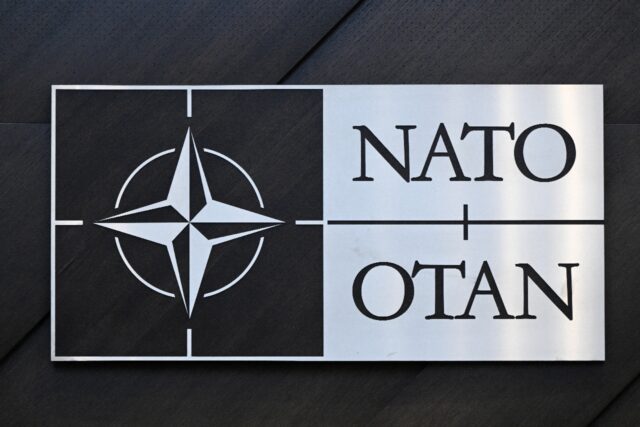 A logo of the North Atlantic Treaty Organization at NATO headquarters in Brussels on Febru