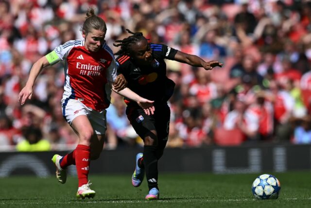 Lyon midfielder Melchie Dumornay (R) scored against Arsenal in the Women's Champions Leagu