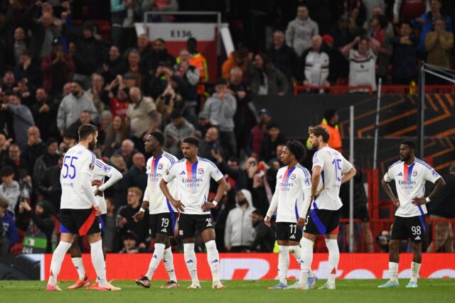 Lyon players are left stunned at full-time following their defeat against Manchester Unite