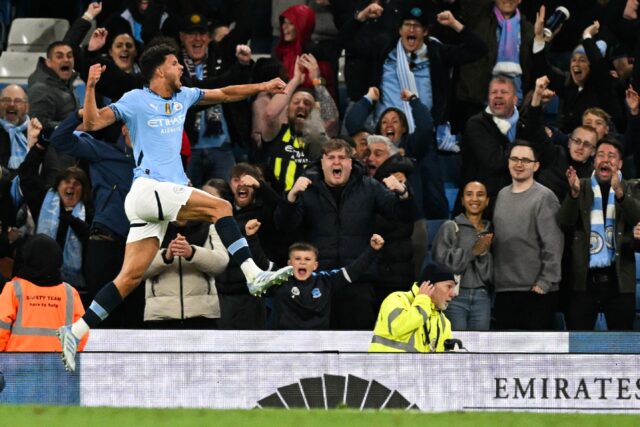 Manchester City's Matheus Nunes celebrates after scoring against Aston Villa