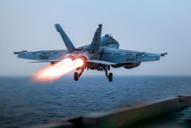 A March 16 file picture of a US F/A-18 Super Hornet launching from the aircraft carrier US
