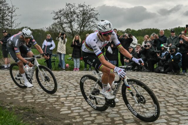 Mathieu van der Poel (L) won his third Paris-Roubaix title on Sunday