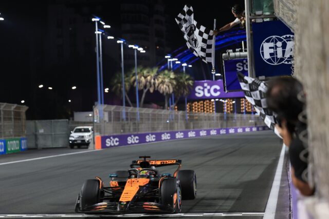 McLaren's Oscar Piastri takes the chequered flag to win the Saudi Arabia Grand Prix