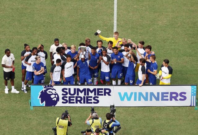 Reece James lifts the Summer Series trophy after after Chelsea beat Premier League rivals