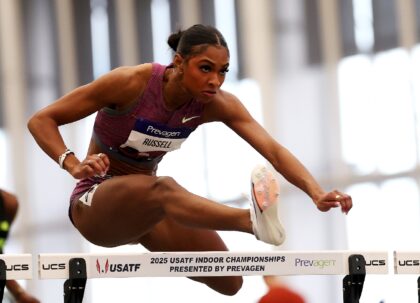 Reigning Olympic 100m hurdles champion Masai Russell of the United States won the event at