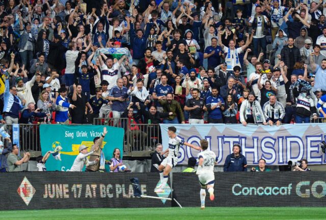 Sebastian Berhalter celebrates after his goal in the Vancouver Whitecaps' 2-0 win over Int