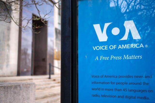 A sign of Voice of America in Washington in March 2026