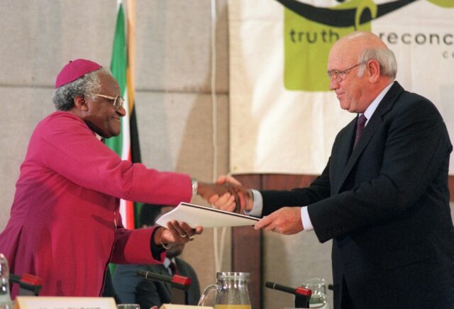 South Africa's last white president, FW de Klerk (right), made submissions to the commissi